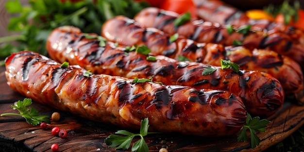 Displaying Grilled Sausages on a Wooden Board A Delicious and Savory Presentation Concept Food Photography Grilled Sausages Wooden Board Presentation Savory Flavor