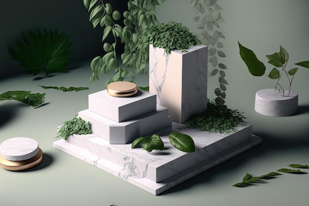 Displaying products on green leaves and stone slabs with a white podium and platforms