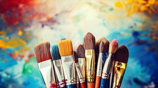 Displaying a set of artist brushes paints and a canvas capturing the essence of creativity and art