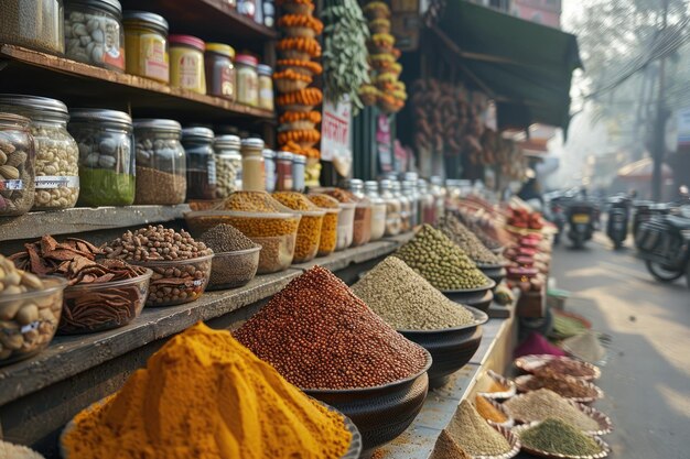 Photo displaying various colorful spices and herbs in delhi india at a busy market