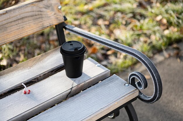 Disposable coffee cup on bench in the park at frozen morning