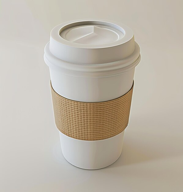 Disposable coffee cup with protective sleeve on neutral background