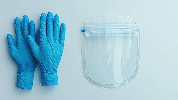 Disposable gloves and face shield neatly arranged on a white background leaving room for copy space