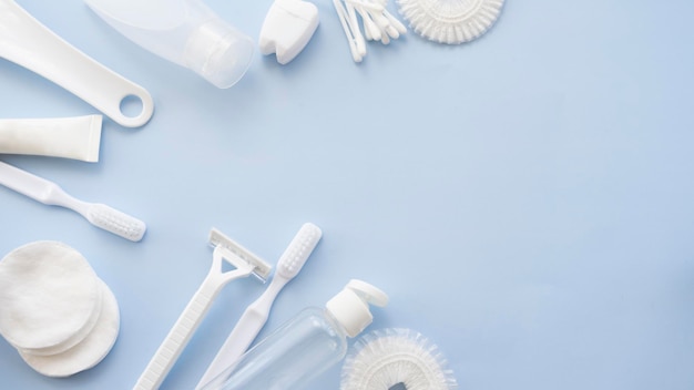 Disposable items in white on a blue background