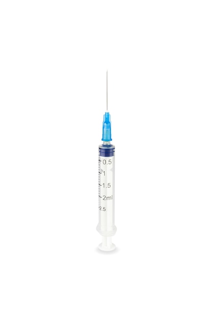 Disposable syringe 5 ml with open needle isolated on white background