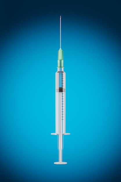 Disposable syringe filled with transparent liquid on a blue gradient background Vaccination concept An injection of medicine an antibiotic 3d render