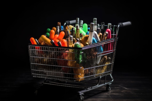 Disposable vaporizers in a cart against a dark background electronic cigarettes of today