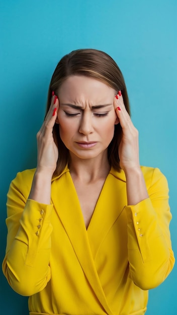 Dissatisfied woman with crisp hair suffers from terrible pain in temples frowns face with tension