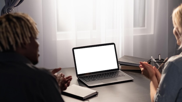 Distance education happy couple digital mockup unrecognizable woman and black man sitting desk with