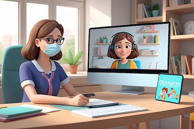 Distance learning Online education video lesson during covid quarantine student at desk and teacher on screen distant study and elearning watching webinar or tutorial from home vector flat concept