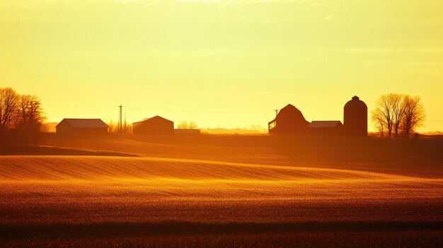 Photo distant barns against early morning light