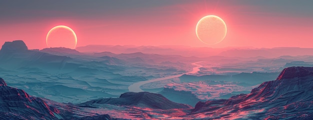 Distant Planet Landscape Advanced Structures and Alien Geographies Beneath Twin Suns