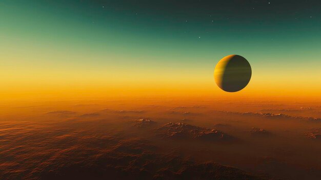 Photo a distant planet rises over a landscape of orange and blue hues at twilight