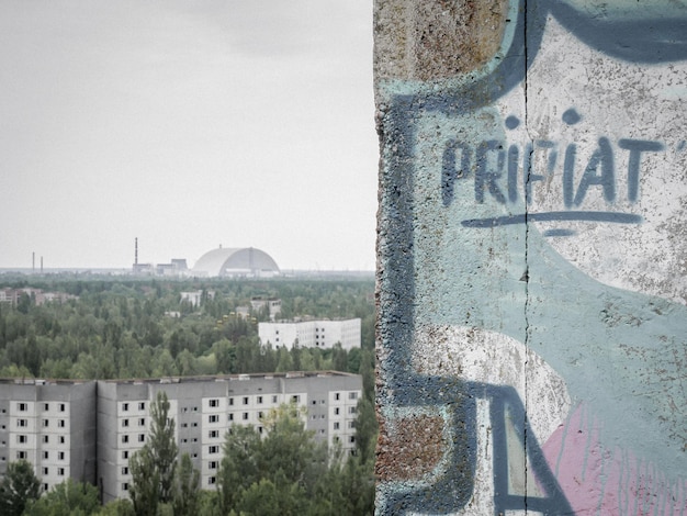 Distant view on chernobyl power plant from city of pripyat ukraine