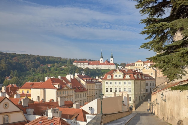 Distant view of the monastery of Strahov over the city of Prague Czech Republic