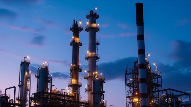 Distillation column towers and reactors at a chemical complex under a blue evening sky Generative AI