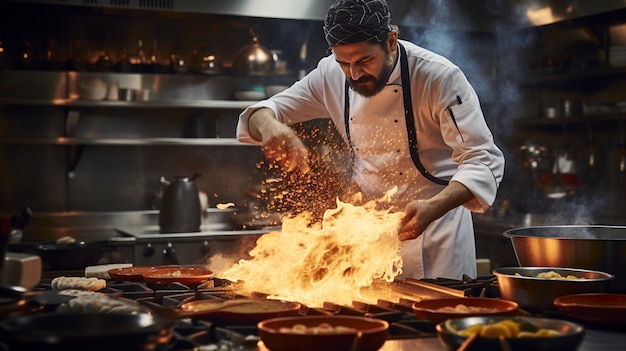 A distinguished chef in a bustling kitchen orchestrating a symphony of culinary creations