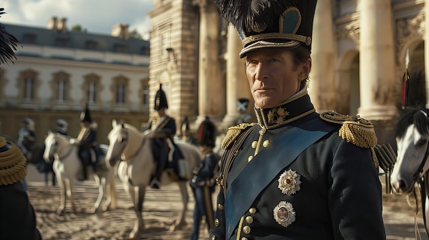 Distinguished Military Officer in Historical Uniform Standing Among Horse Guards at a Grand Palace