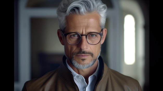 Distinguished Style Handsome Mature Man with Gray Hair and Glasses in Fashionable JacketxA