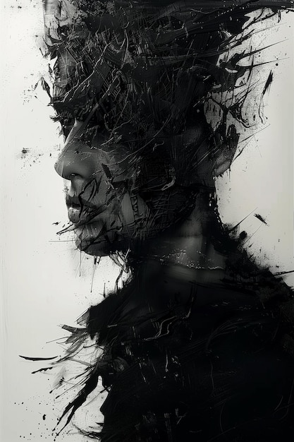 Distorted abstract portrait blending into swirling black ink strokes