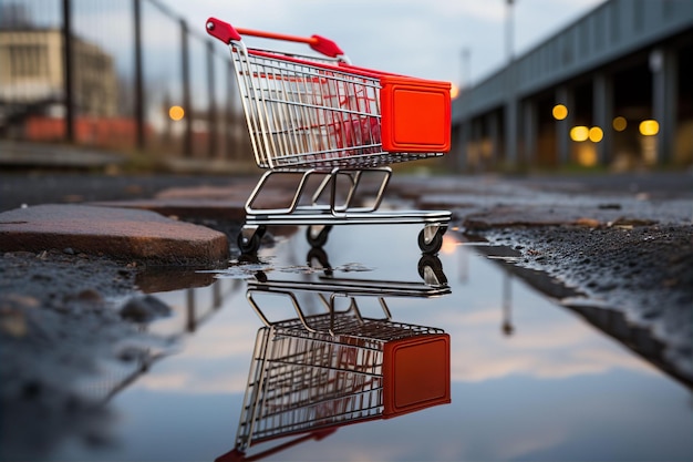 A distorted reflection of a shopping cart in a puddle