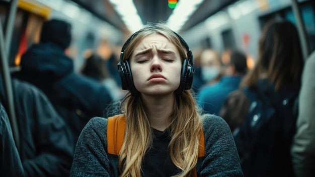 Photo distraught girl in a crowded subway headphones in eyes closed