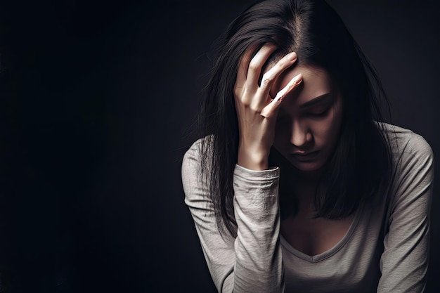 A distraught woman against a dark background Place for text