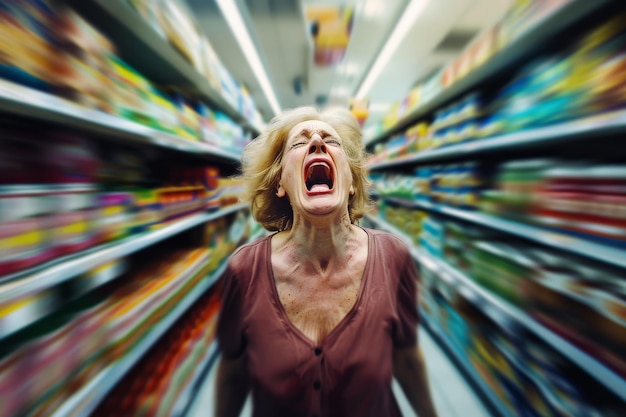 Photo a distraught woman screams in the middle of a supermarket aisle with motion blur enhancing the sense of panic and disorientation