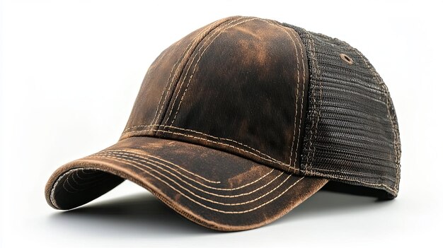 Photo distressed brown baseball cap with black mesh back