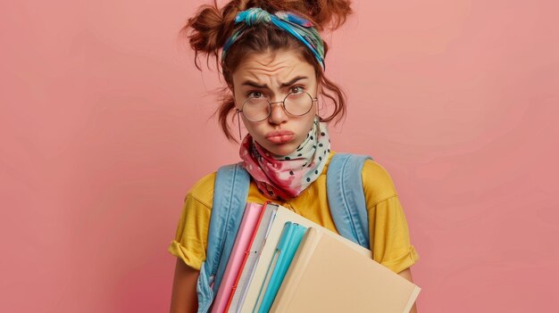 Photo distressed female student with books glasses bandana on pink backdrop in studio portrait