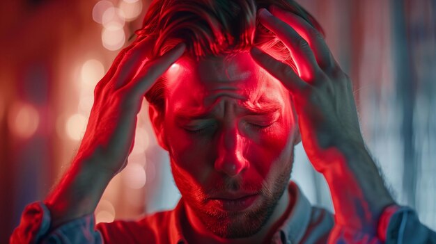 Photo a distressed individual grips his head in pain while surrounded by soft colorful lighting