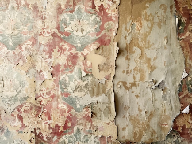 Distressed layers of peeling wallpaper revealing vintage patterns Soft natural light Abandoned mansion background ar 43 Job ID d43818eab2c34916bda938e019f9413e