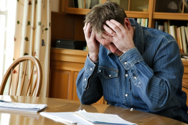 A distressed man holds his head in frustration at a kitchen table filled with papers portraying a scene of challenge or stress