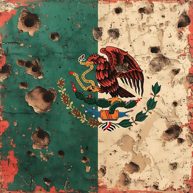 Photo distressed mexican flag with bullet holes texture