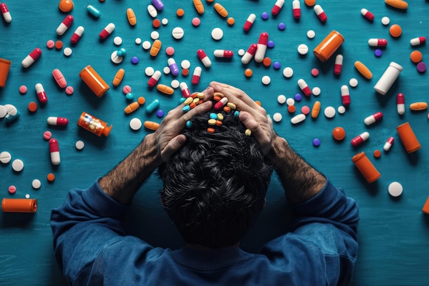 Photo a distressed person surrounded by scattered pills and medication representing mental health struggles and addiction challenges