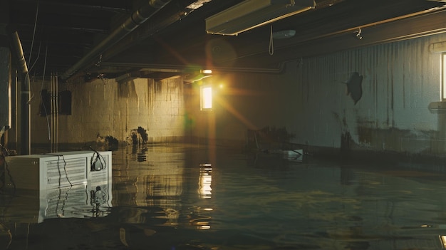 A distressed room with damaged furniture and flooded floor portraying the aftermath of a devastating flood and its repercussions on living spaces