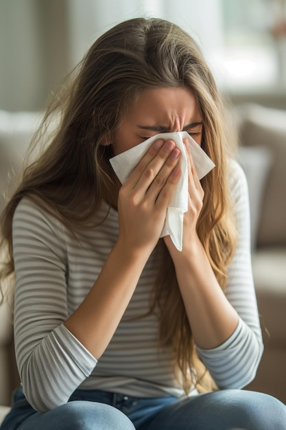 Distressed woman blowing her nose with a concern of flu symptoms