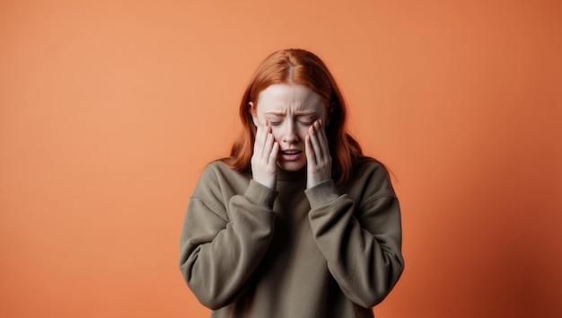 A distressed young woman with red hair is holding her head in her hands against an orange background