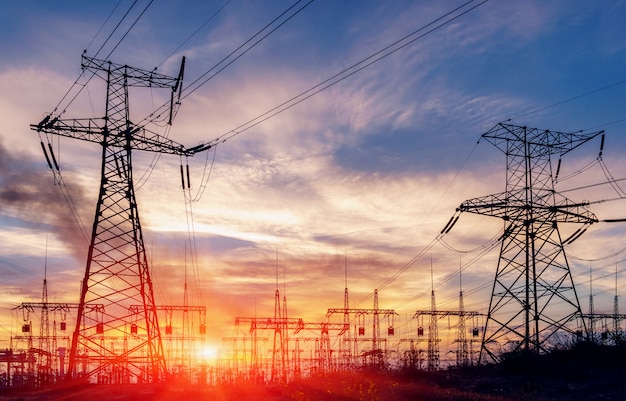 Distribution electric substation with power lines and transformers