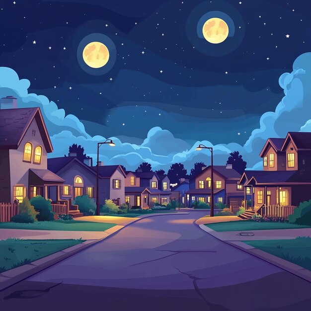 Photo district with residential houses at night vector cartoon landscape moon and stars in dark sky city