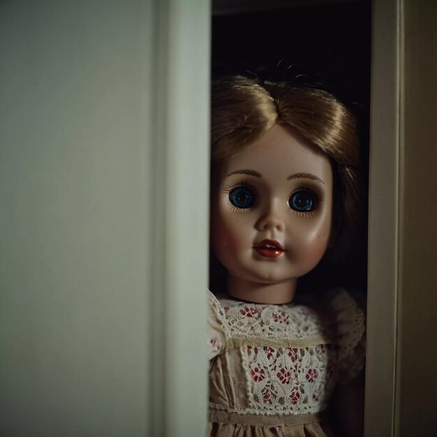 A disturbing old doll with haunting eyes and vintage clothing peers out from the shadows of a closet evoking an eerie feeling in dimly lit space Scary doll for horror and Halloween Generative AI