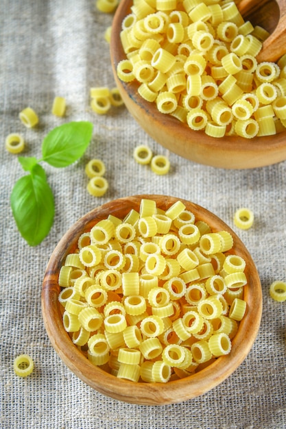 Ditalini macaroni Pasta rings. Tubettini and thimbles Anellini. Closeup.