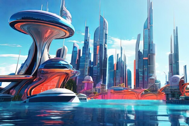 Dive into the future with a vibrant 3Drendered underwater cityscape