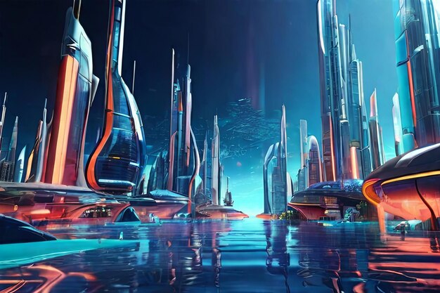 Dive into the future with a vibrant 3Drendered underwater cityscape