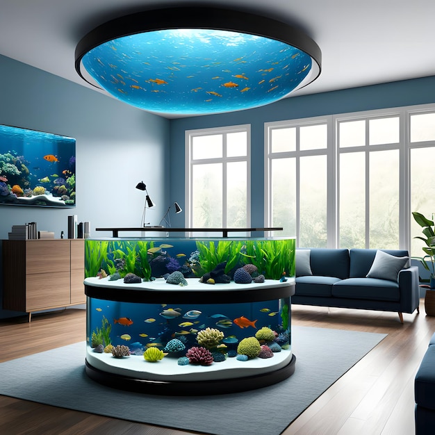 Dive into Tranquility Big Aquarium in a Living Room Generative AI