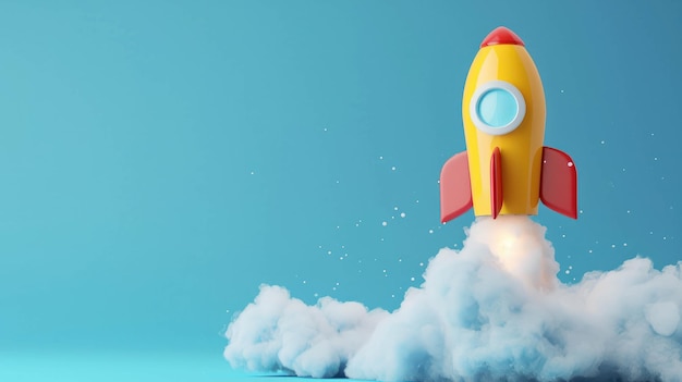 Dive into the world of 3D clay art with a yellow rocket emitting smoke on a minimalist blue backgrou