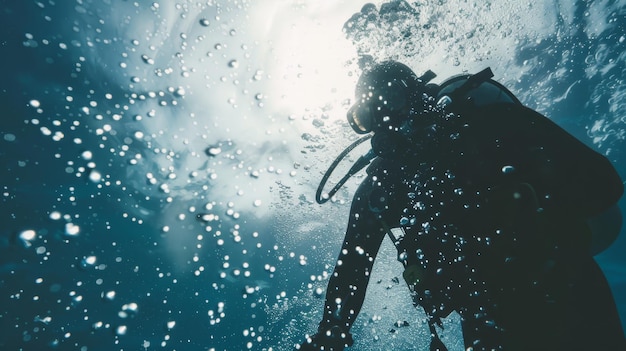 Photo a diver ascends through shimmering bubblefilled water towards the bright sunlight breaking through the ocean surface embodying adventure and exploration