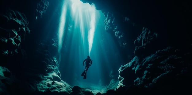 A diver in a cave with the light shining on it.