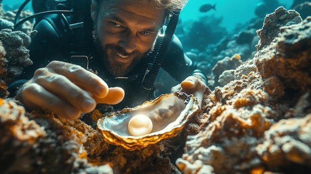 Photo diver discovering a pearl