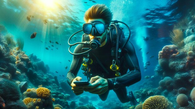 Diver diving with a mobile phone in an attractive way